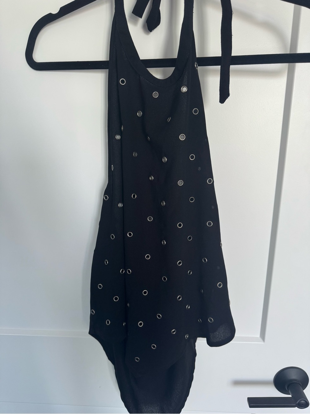 Anthropologie Black Halter Tank with Silver Eyelet Details